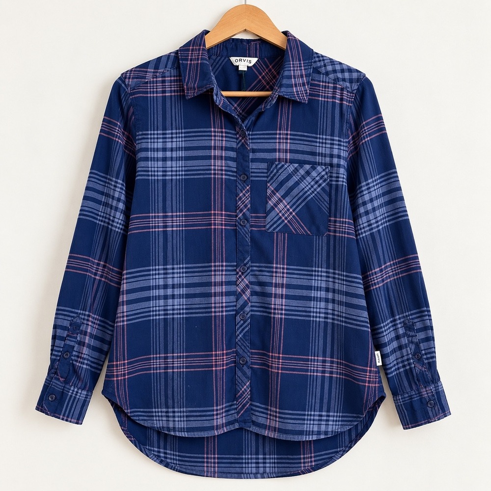 Orvis Classic Collection Navy Blue Pink Plaid Flannel Button Down Shirt XL